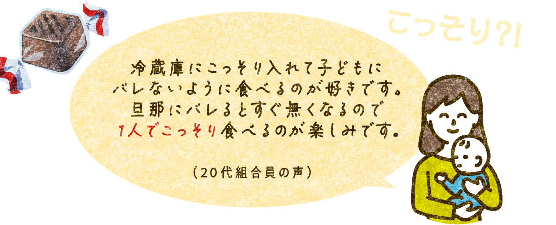 こっそり？！ 冷蔵庫にこっそり入れて子どもにバレないように食べるのが好きです。旦那にバレるとすぐ無くなるので1人でこっそり食べるのが楽しみです。（20代組合員の声）