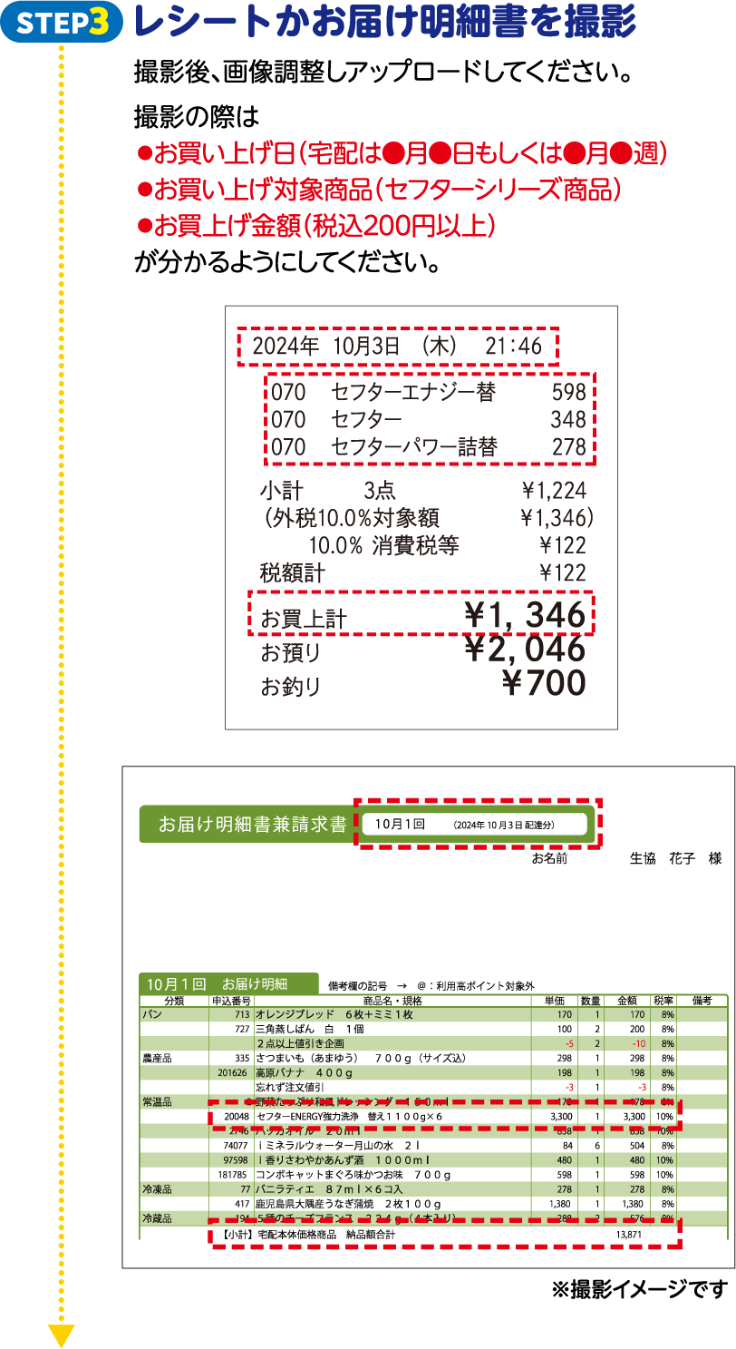 STEP3 レシートかお届け明細書を撮影 撮影後、画像調整しアップロードしてください。撮影の際は【お買い上げ日（宅配は●月●日もしくは●月●週）】、【お買い上げ対象商品（セフターシリーズ商品）】、【お買上げ金額（税込200円以上）】が分かるようにしてください。