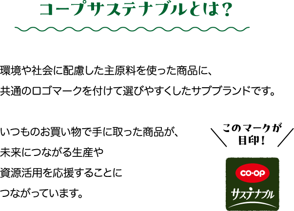 コープサステナブルとは？ 環境や社会に配慮した主原料を使った商品に、共通のロゴマークを付けて選びやすくしたサブブランドです。 いつものお買い物で手に取った商品が、未来につながる生産や資源活用を応援することにつながっています。 このマークが目印！CO・OP サステナブル