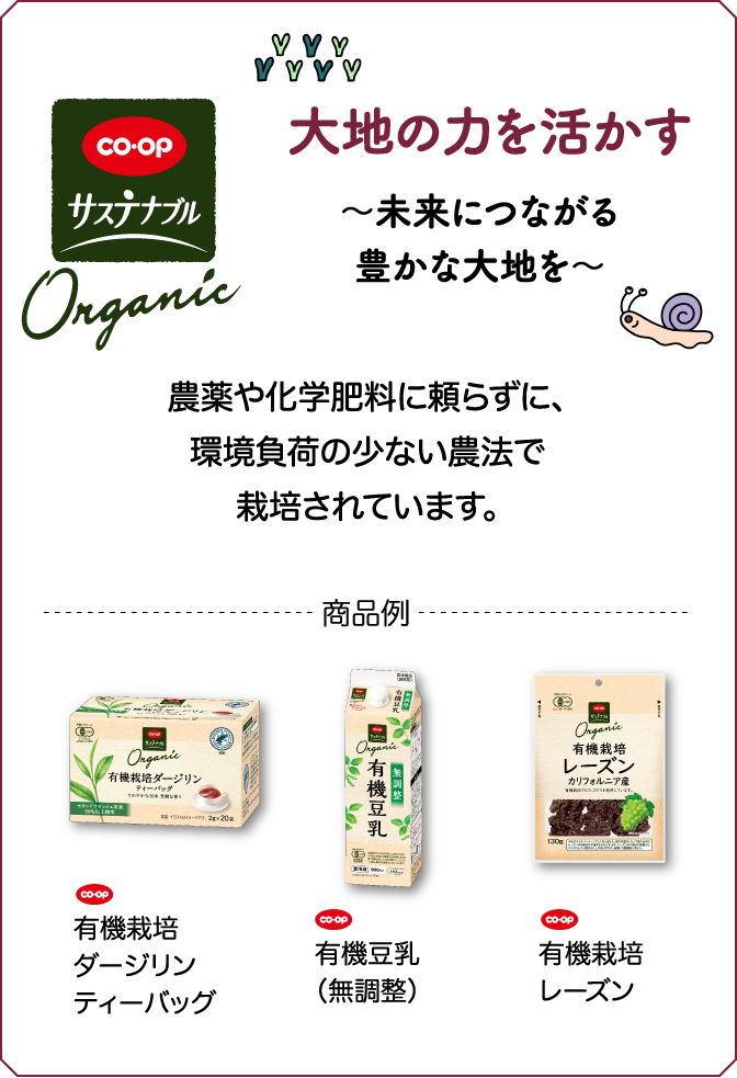 CO・OP サステナブル 大地の力を活かす ～未来につながる豊かな大地を～ 農薬や化学肥料に頼らずに、環境負荷の少ない農法で栽培されています。 商品例 CO・OP 有機栽培ダージリンティーバッグ CO・OP 有機豆乳（無調整） CO・OP 有機栽培レーズン