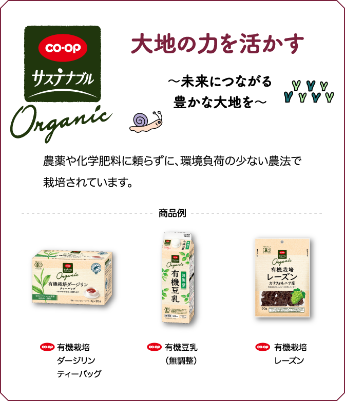 CO・OP サステナブル 大地の力を活かす ～未来につながる豊かな大地を～ 農薬や化学肥料に頼らずに、環境負荷の少ない農法で栽培されています。 商品例 CO・OP 有機栽培ダージリンティーバッグ CO・OP 有機豆乳（無調整） CO・OP 有機栽培レーズン