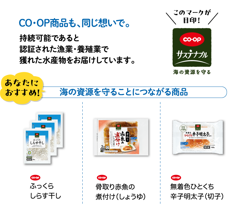CO・OP商品も、同じ想いで。持続可能であると認証された漁業・養殖業で獲れた水産物をお届けしています。 このマークが目印！CO・OPサステナブル 海の資源を守る あなたにおすすめ！ 海の資源を守ることにつながる商品 CO・OP ふっくらしらす干し CO・OP 骨取り赤魚の煮付け（しょうゆ） CO・OP 無着色ひとくち辛子明太子（切子）