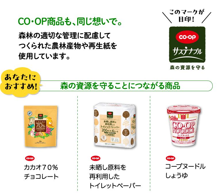 CO・OP商品も、同じ想いで。森林の適切な管理に配慮してつくられた農林産物や再生紙を使用しています。 このマークが目印！CO・OPサステナブル 森の資源を守る あなたにおすすめ！ 森の資源を守ることにつながる商品 CO・OP カカオ７０％チョコレート CO・OP 未晒し原料を再利用したトイレットペーパー CO・OP コープヌードルしょうゆ