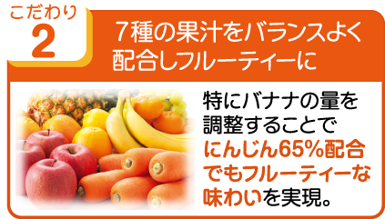 こだわり2 7種の果汁をバランスよく配合しフルーティーに 特にバナナの量を調整することで、にんじん65％配合でもフルーティーな味わいを実現。