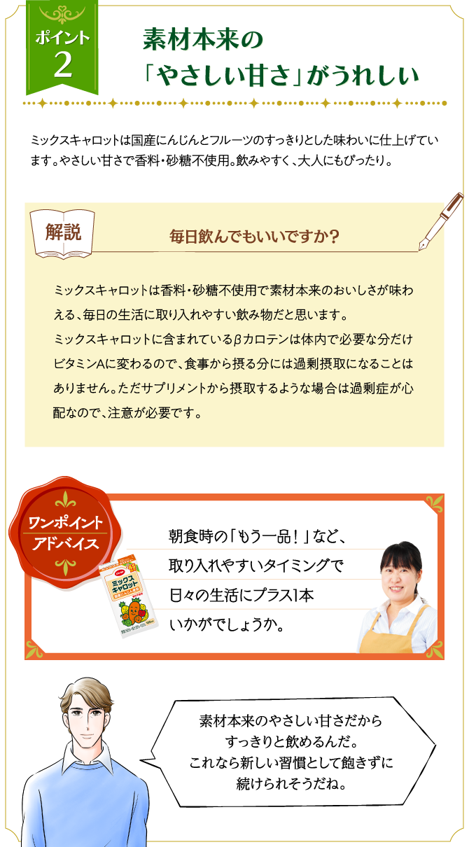 ポイント2 素材本来の「やさしい甘さ」がうれしい ミックスキャロットは国産にんじんとフルーツのすっきりとした味わいに仕上げています。やさしい甘さで香料・砂糖不使用。飲みやすく、大人にもぴったり。解説 毎日飲んでもいいですか？ ミックスキャロットは香料・砂糖不使用で素材本来のおいしさが味わえる、毎日の生活に取り入れやすい飲み物だと思います。ミックスキャロットに含まれているβカロテンは体内で必要な分だけビタミンAに変わるので、食事から摂る分には過剰摂取になることはありません。ただサプリメントから摂取するような場合は過剰症が心配なので、注意が必要です。 ワンポイントアドバイス 朝食時の「もう一品！」など、取り入れやすいタイミングで日々の生活にプラス1本いかがでしょうか。 素材本来のやさしい甘さだからすっきりと飲めるんだ。これなら新しい習慣として飽きずに続けられそうだね。