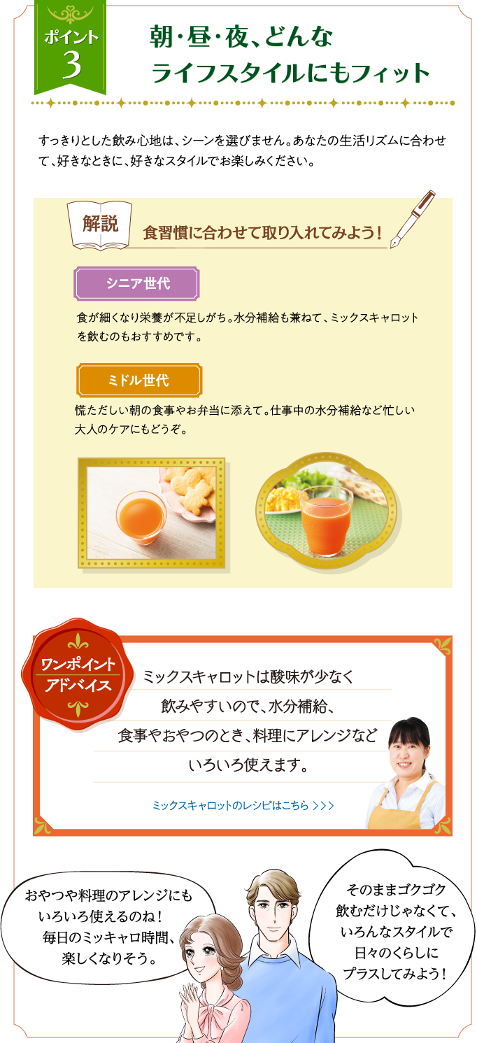 ポイント3 朝・昼・夜、どんなライフスタイルにもフィット すっきりとした飲み心地は、シーンを選びません。あなたの生活リズムに合わせて、好きなときに、好きなスタイルでお楽しみください。 解説 食習慣に合わせて取り入れてみよう！ シニア世代 食が細くなり栄養が不足しがち。水分補給も兼ねて、ミックスキャロットを飲むのもおすすめです。 ミドル世代 慌ただしい朝の食事やお弁当に添えて。仕事中の水分補給など忙しい大人のケアにもどうぞ。 ワンポイントアドバイス ミックスキャロットは酸味が少なく飲みやすいので、水分補給、食事やおやつのとき、料理にアレンジなどいろいろ使えます。 ミックスキャロットのレシピはこちら おやつや料理のアレンジにもいろいろ使えるのね！　毎日のミッキャロ時間、楽しくなりそう。 そのままゴクゴク飲むだけじゃなくて、いろんなスタイルで日々のくらしにプラスしてみよう！