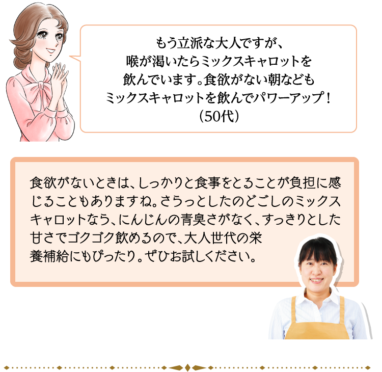 もう立派な大人ですが、喉が渇いたらミックスキャロットを飲んでいます。食欲がない朝などもミックスキャロットを飲んでパワーアップ！（50代） 食欲がないときは、しっかりと食事をとることが負担に感じることもありますね。さらっとしたのどごしのミックスキャロットなら、にんじんの青臭さがなく、すっきりとした甘さでゴクゴク飲めるので、大人世代の栄養補給にもぴったり。ぜひお試しください。
