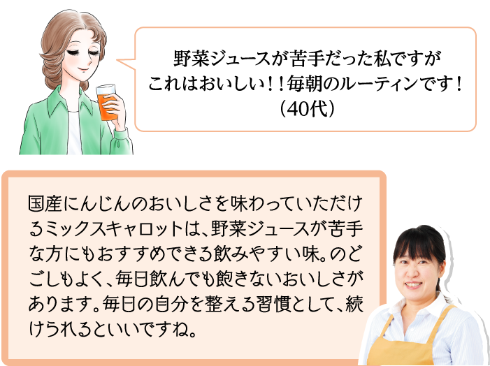 野菜ジュースが苦手だった私ですがこれはおいしい！！毎朝のルーティンです！（40代） 国産にんじんのおいしさを味わっていただけるミックスキャロットは、野菜ジュースが苦手な方にもおすすめできる飲みやすい味。のどごしもよく、毎日飲んでも飽きないおいしさがあります。毎日の自分を整える習慣として、続けられるといいですね。