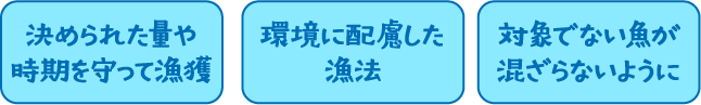 【決められた量や時期を守って漁獲】【決められた量や時期を守って漁獲】【対象でない魚が混ざらないように】