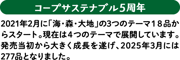 【コープサステナブル5周年】2021年2月に「海・森・大地」の3つのテーマ18品からスタート。現在は4つのテーマで展開しています。発売当初から大きく成長を遂げ、2025年3月には277品となりました。