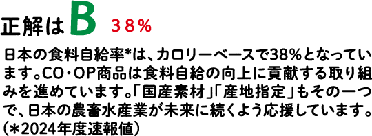正解はB 38% 日本の食料自給率*は、カロリーベースで38％となっています。CO・OP商品は食料自給の向上に貢献する取り組みを進めています。「国産素材」「産地指定」もその一つで、日本の農畜水産業が未来に続くよう応援しています。（＊2024年度速報値）
