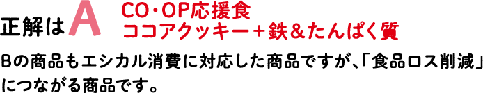 正解はA CO・OP応援食 ココアクッキー＋鉄＆たんぱく質 Bの商品もエシカル消費に対応した商品ですが、「食品ロス削減」につながる商品です。