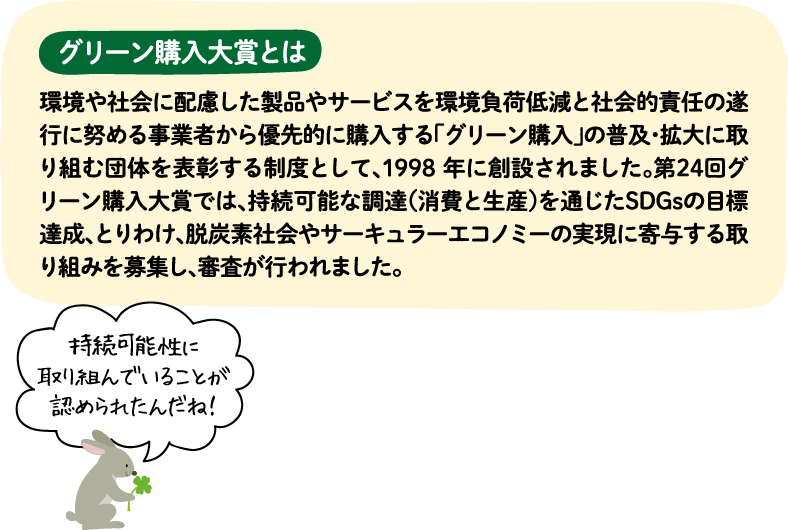 グリーン購入大賞とは 環境や社会に配慮した製品やサービスを環境負荷低減と社会的責任の遂行に努める事業者から優先的に購入する「グリーン購入」の普及・拡大に取り組む団体を表彰する制度として、1998年に創設されました。第24回グリーン購入大賞では、持続可能な調達（消費と生産）を通じたSDGsの目標達成、とりわけ、脱炭素社会やサーキュラーエコノミーの実現に寄与する取り組みを募集し、審査が行われました。【持続可能性に取り組んでいることが認められたんだね！】