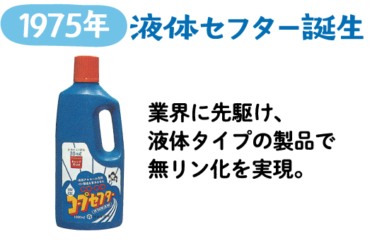 1975年 液体セフター誕生 業界に先駆け、液体タイプの製品で無リン化を実現。