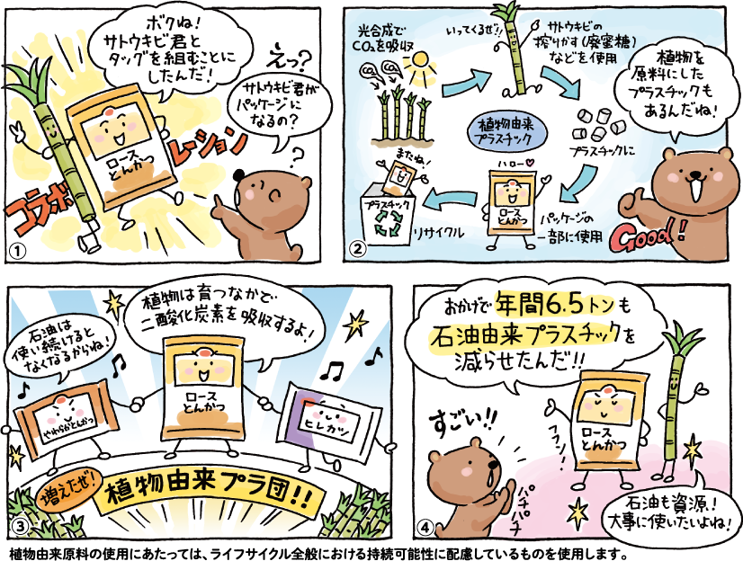 マンガ「サトウキビからプラスチック？」植物由来原料の使用にあたっては、ライフサイクル全般における持続可能性に配慮しているものを使用します。