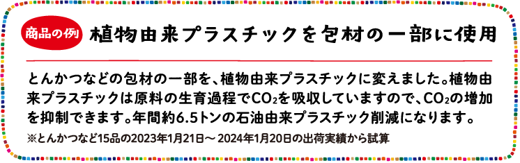 商品の例 植物由来プラスチックを包材の一部に使用 とんかつなどの包材の一部を、植物由来プラスチックに変えました。植物由来プラスチックは原料の生育過程でCO2を吸収していますので、CO2の増加を抑制できます。年間約6.5トンの石油由来プラスチック削減になります。※とんかつなど15品の2023年1月21日～2024年1月20日の出荷実績から試算