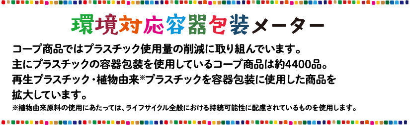 環境対応容器包装メーター コープ商品ではプラスチック使用量の削減に取り組んでいます。主にプラスチックの容器包装を使用しているコープ商品は約4400品。再生プラスチック・植物由来※プラスチックを容器包装に使用した商品を拡大しています。※植物由来原料の使用にあたっては、ライフサイクル全般における持続可能性に配慮されているものを使用します。