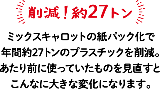 削減！約27トン ミックスキャロットの紙パック化で年間約27トンのプラスチックを削減。あたり前に使っていたものを見直すとこんなに大きな変化になります。