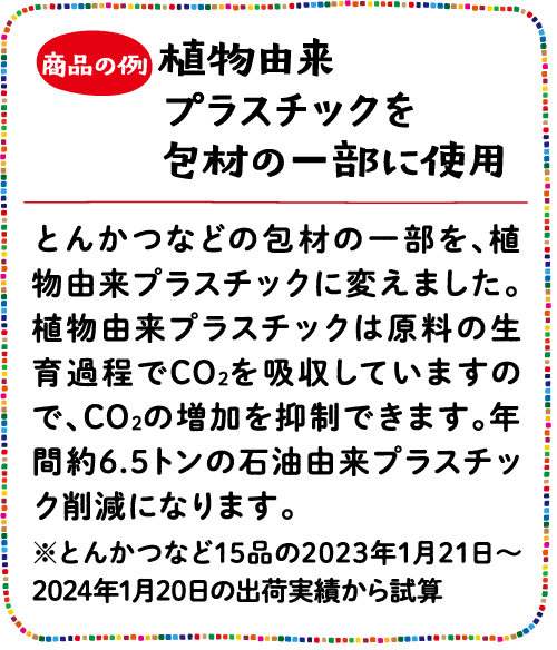 商品の例 植物由来プラスチックを包材の一部に使用 とんかつなどの包材の一部を、植物由来プラスチックに変えました。植物由来プラスチックは原料の生育過程でCO2を吸収していますので、CO2の増加を抑制できます。年間約6.5トンの石油由来プラスチック削減になります。※とんかつなど15品の2023年1月21日～2024年1月20日の出荷実績から試算