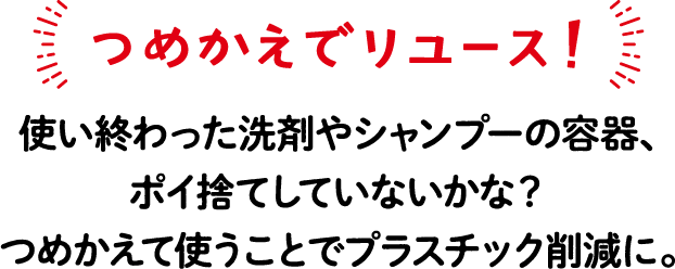 つめかえでリユース！ 使い終わった洗剤やシャンプーの容器、ポイ捨てしていないかな？つめかえて使うことでプラスチック削減に。